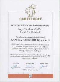 Certifikát o vytvoření rekordu v Setkání Jeníčků a Mařenek 2006